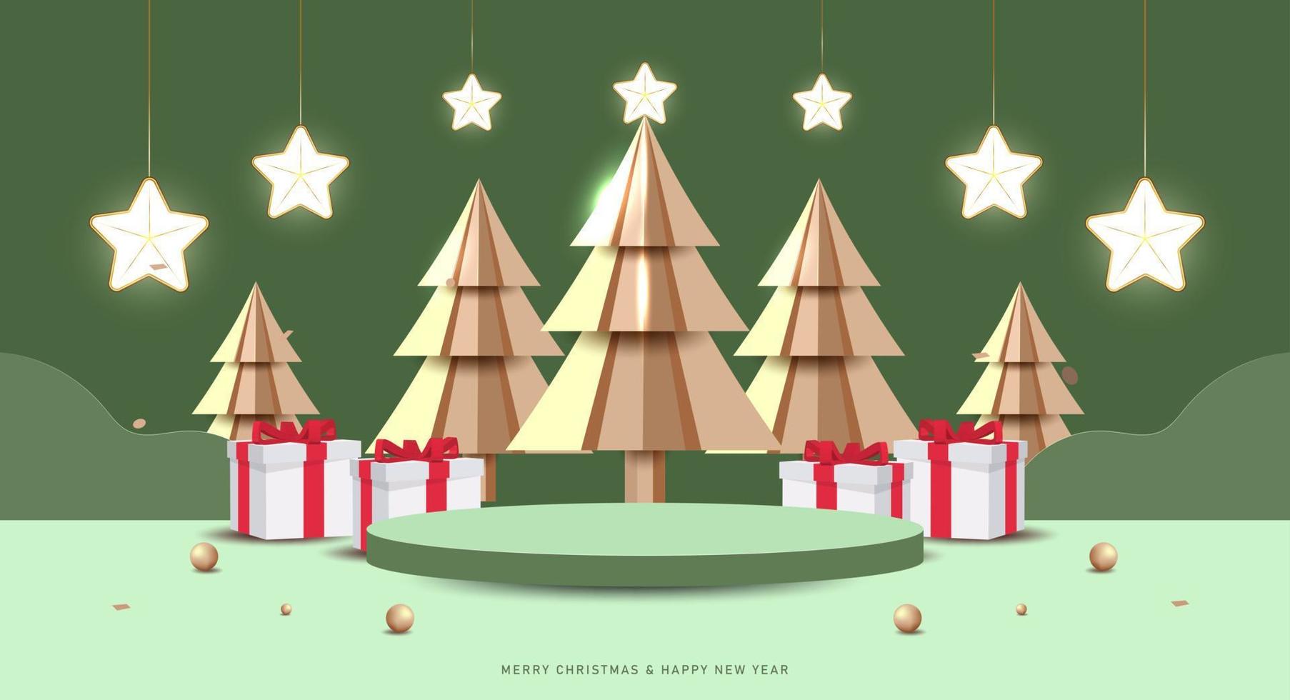 Merry Christmas and Happy New Year banner. Minimal mock up scene with studio podium to show product display. 3D vector tree xmas,  gift boxes and party elements