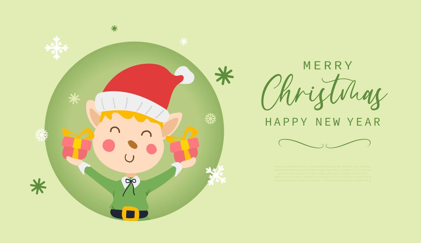 Feliz Navidad y feliz año nuevo tarjeta de felicitación con dibujos animados de disfraz de niño elfo lindo y caja de regalo en estilo plano moderno. ilustración vectorial vector