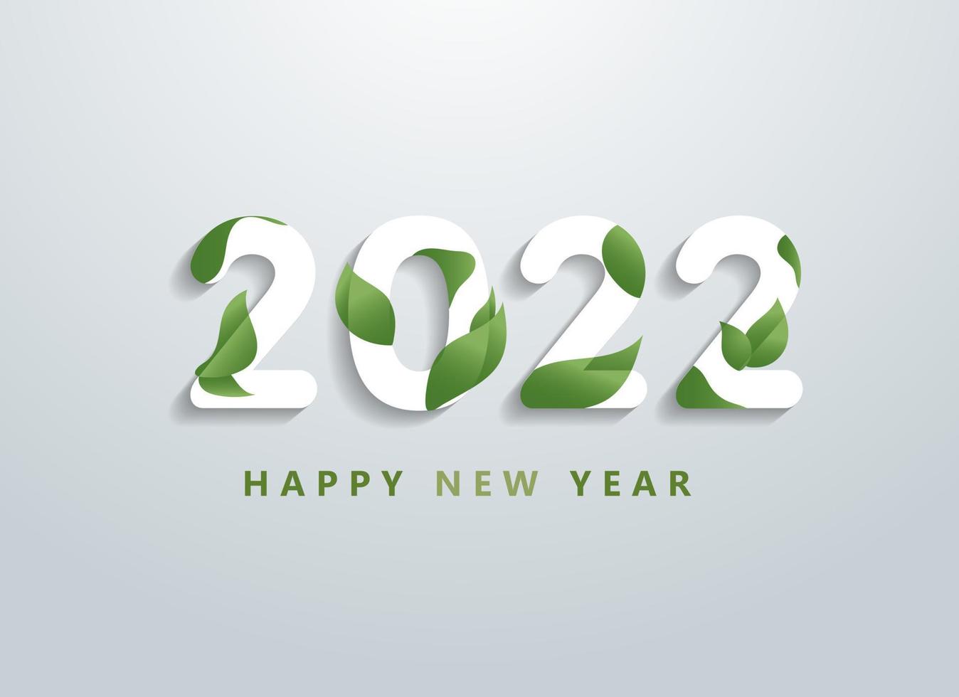 Feliz año nuevo 2022 con banner de hojas verdes naturales. saludos e invitaciones, felicitaciones temáticas amistosas navideñas de año nuevo, tarjetas y fondo natural. ilustración vectorial vector