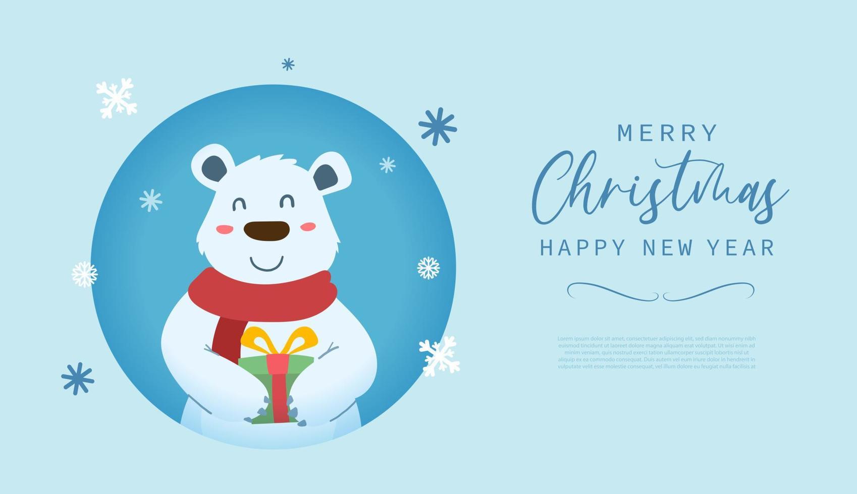 Feliz Navidad y feliz año nuevo tarjeta de felicitación con lindo oso polar y dibujos animados de caja de regalo en estilo plano moderno. ilustración vectorial vector