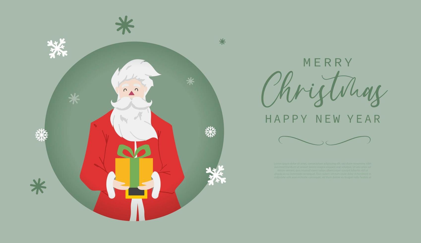 Feliz Navidad y feliz año nuevo tarjeta de felicitación con lindo Papá Noel y dibujos animados de caja de regalo en estilo plano moderno. ilustración vectorial vector