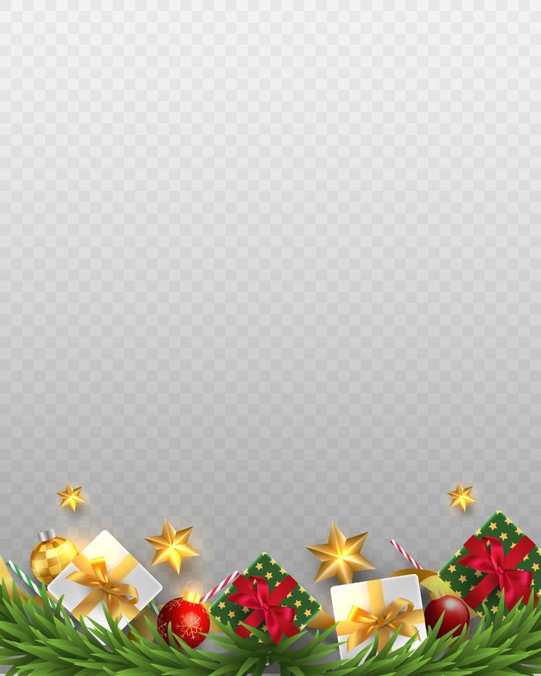 Merry Christmas and Happy New Year on transparent background. Realistic gift boxes, branch, stars and xmas elements. 3D vector illustration