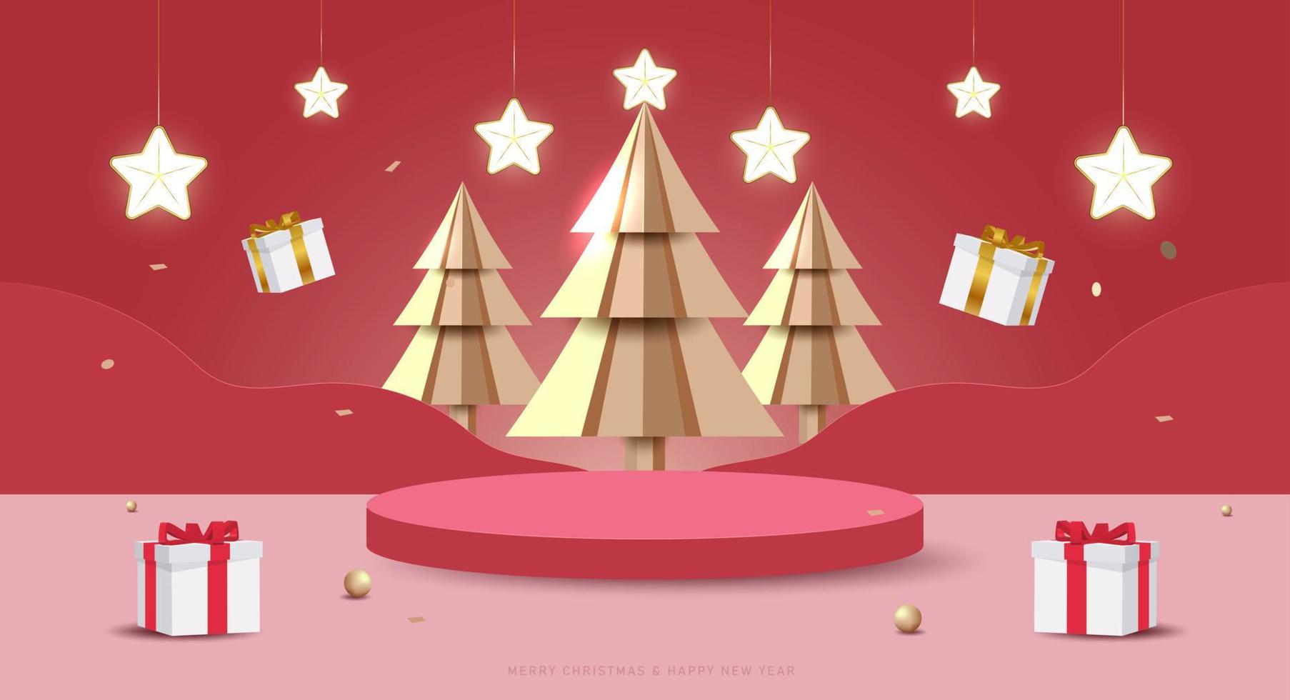 Merry Christmas and Happy New Year banner. Minimal mock up scene with studio podium to show product display. 3D vector tree xmas,  gift boxes and party elements