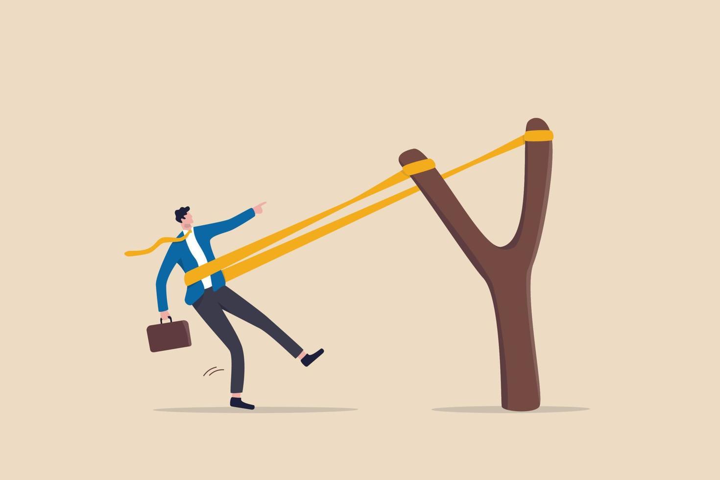 Entrepreneurship ready to launch new project or work improvement, boost career development, speed up business growth concept, brave businessman pull rubber band ready to launch slingshot flight. vector