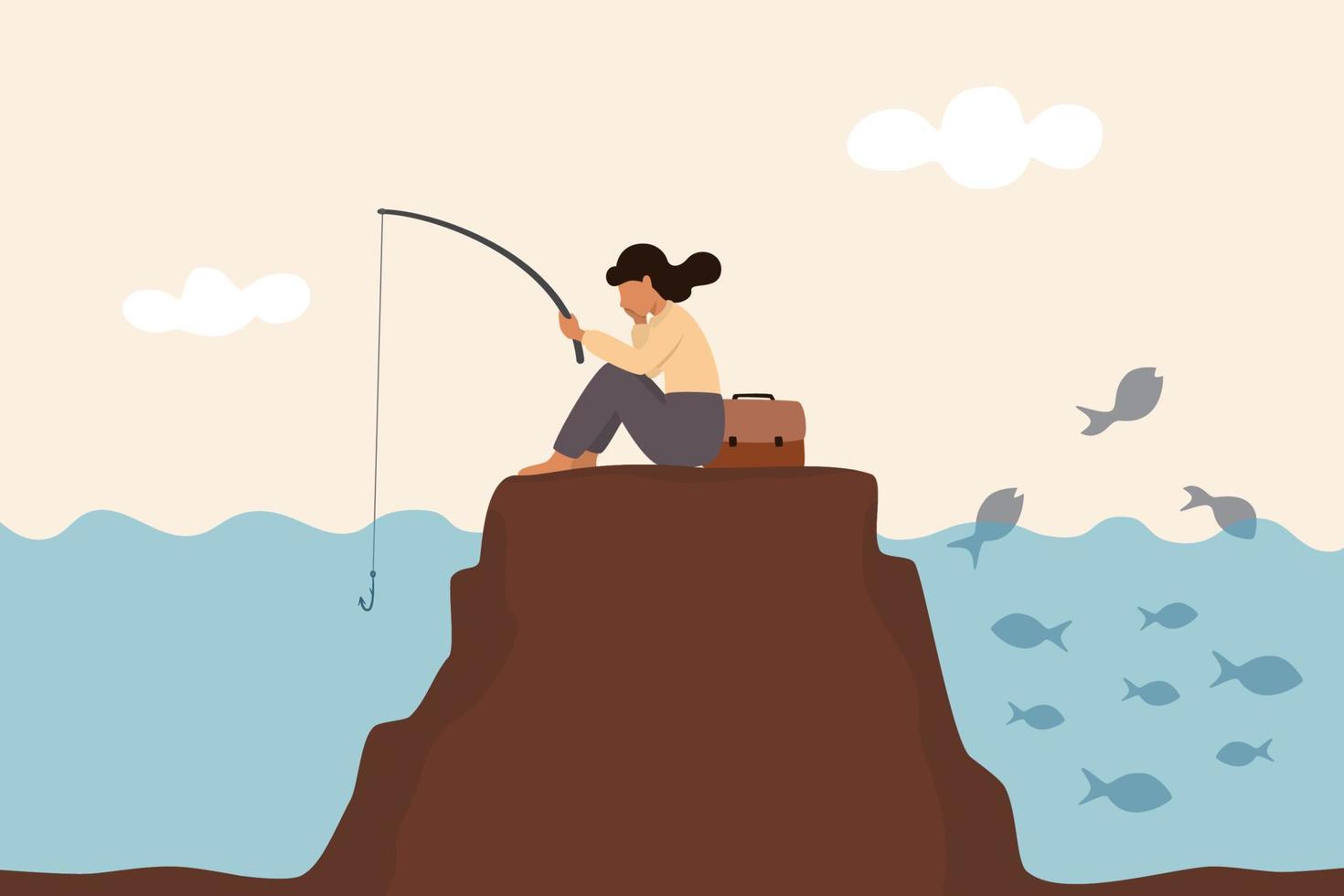 Fail to see opportunity, uninspired employee stuck to find creativity, motivation, corporate success or challenge, bored woman blindly sit and fishing at wrong place while ignore success opportunity. vector