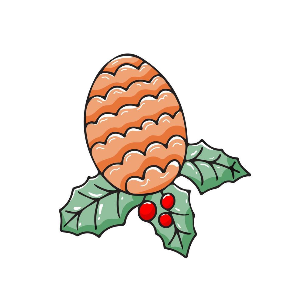 Christmas fir cone with holly leaves and berries. Icon isolated on white background. Vector multicolored doodle illustration in hand drawn style.