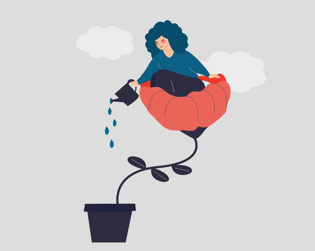 Girl sits on a flower and waters it with happiness. Woman loves herself and cares about her life, future. Concept of positive thinking, lifestyle, mental health, self development. Vector illustration.