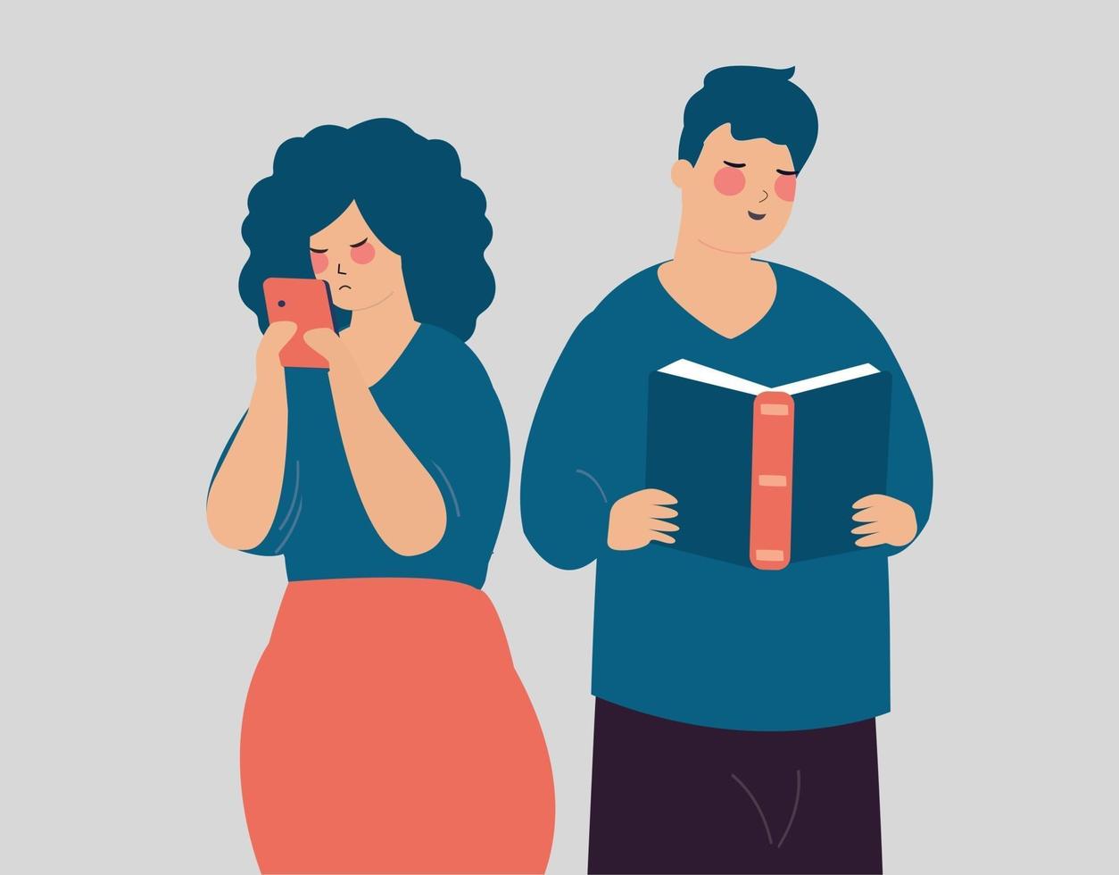 Man reading a book with woman connected on smartphone, Mental health concept. vector