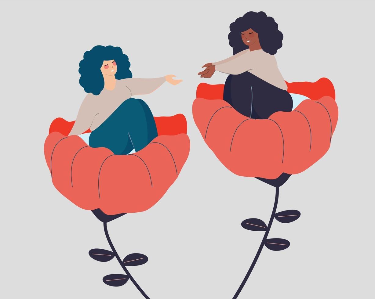 Adolescent black woman or girl extends her hand to support her best friend who needs help. Concept of friendship, mental health, empathy, multiculturalism, psychological problems. Vector illustration.