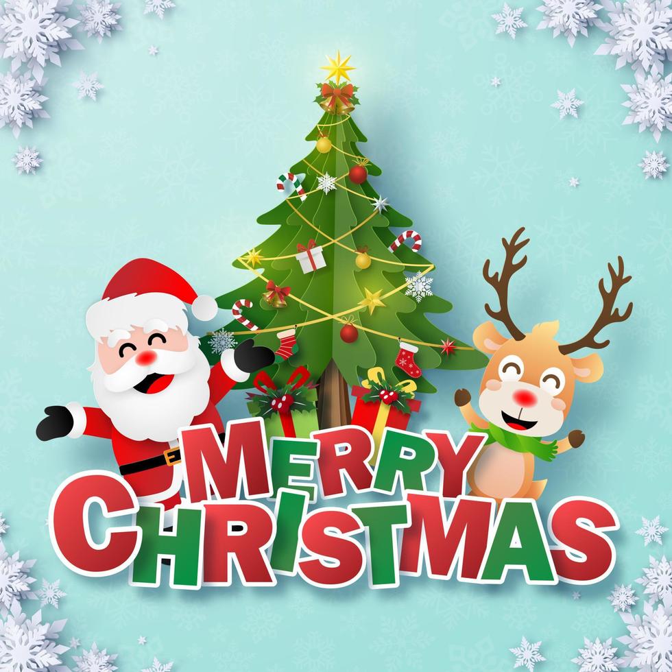 Origami Paper art of Postcard Santa Claus and Reindeer with Christmas tree and text MERRY CHRISTMAS on blue background vector