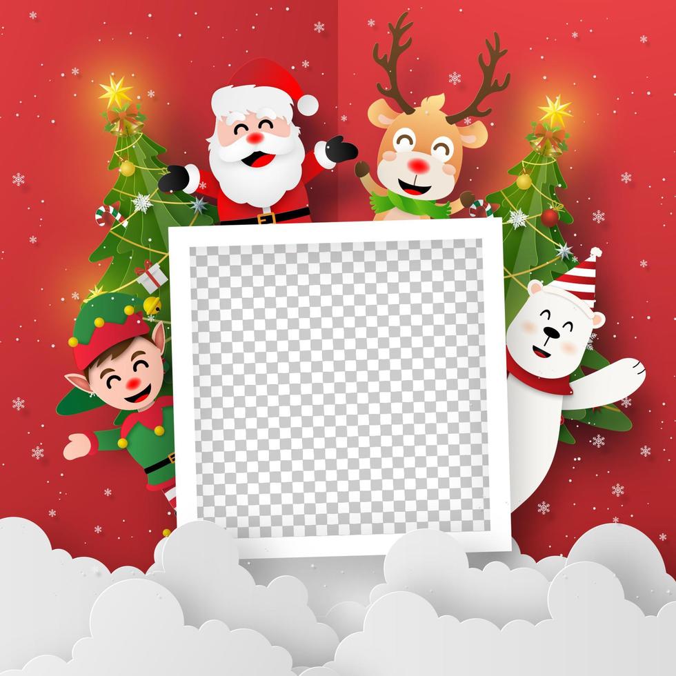 Arte de papel de origami de foto en blanco con santa claus y amigos, feliz navidad y próspero año nuevo vector