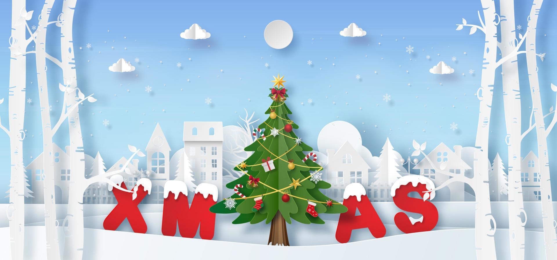 Fondo de banner navideño, arte de papel de origami del árbol de navidad en el pueblo con la palabra navidad, feliz navidad y próspero año nuevo vector