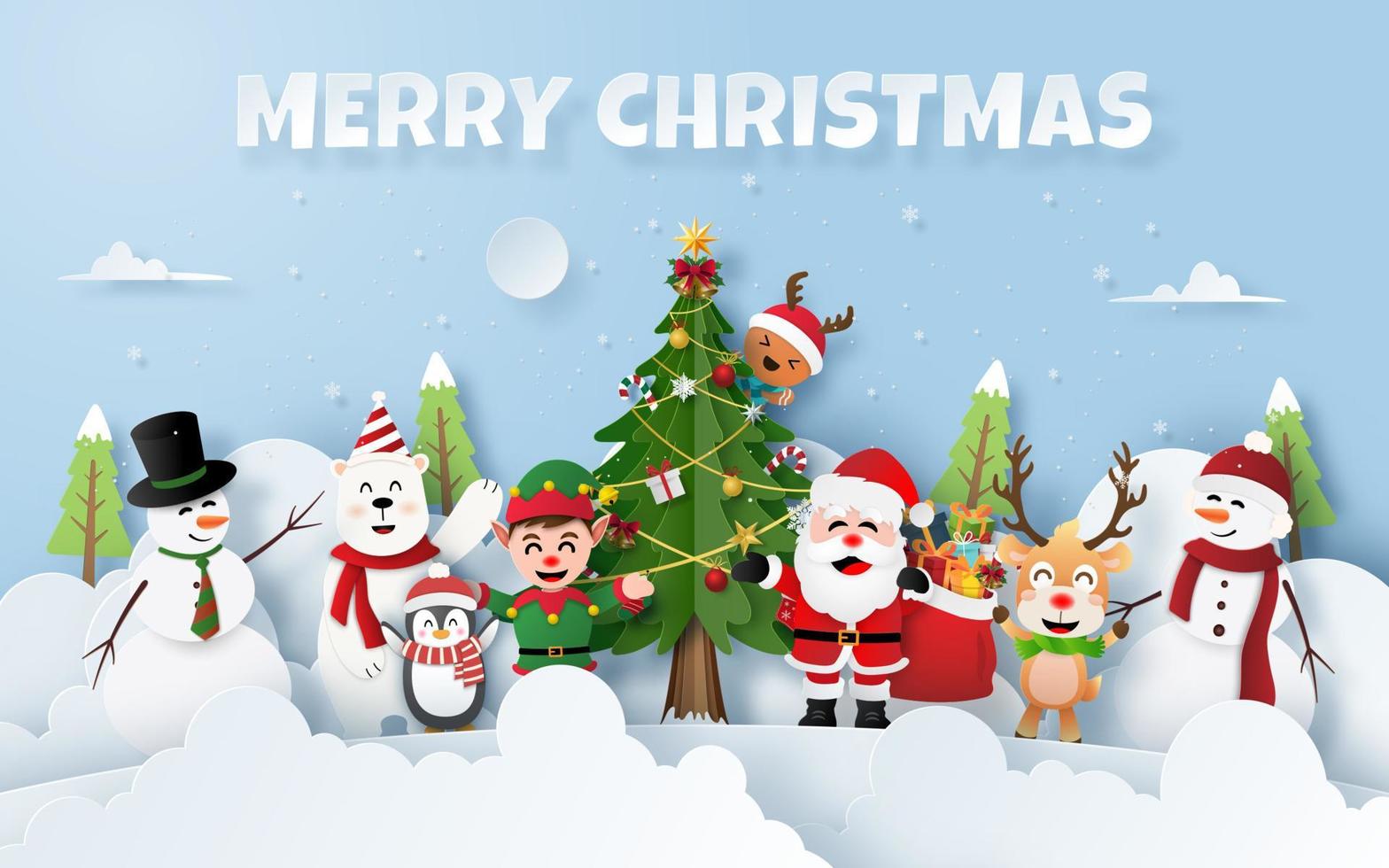 Origami Paper art of Christmas party with Santa Claus and friends, Merry Christmas and Happy New Year vector