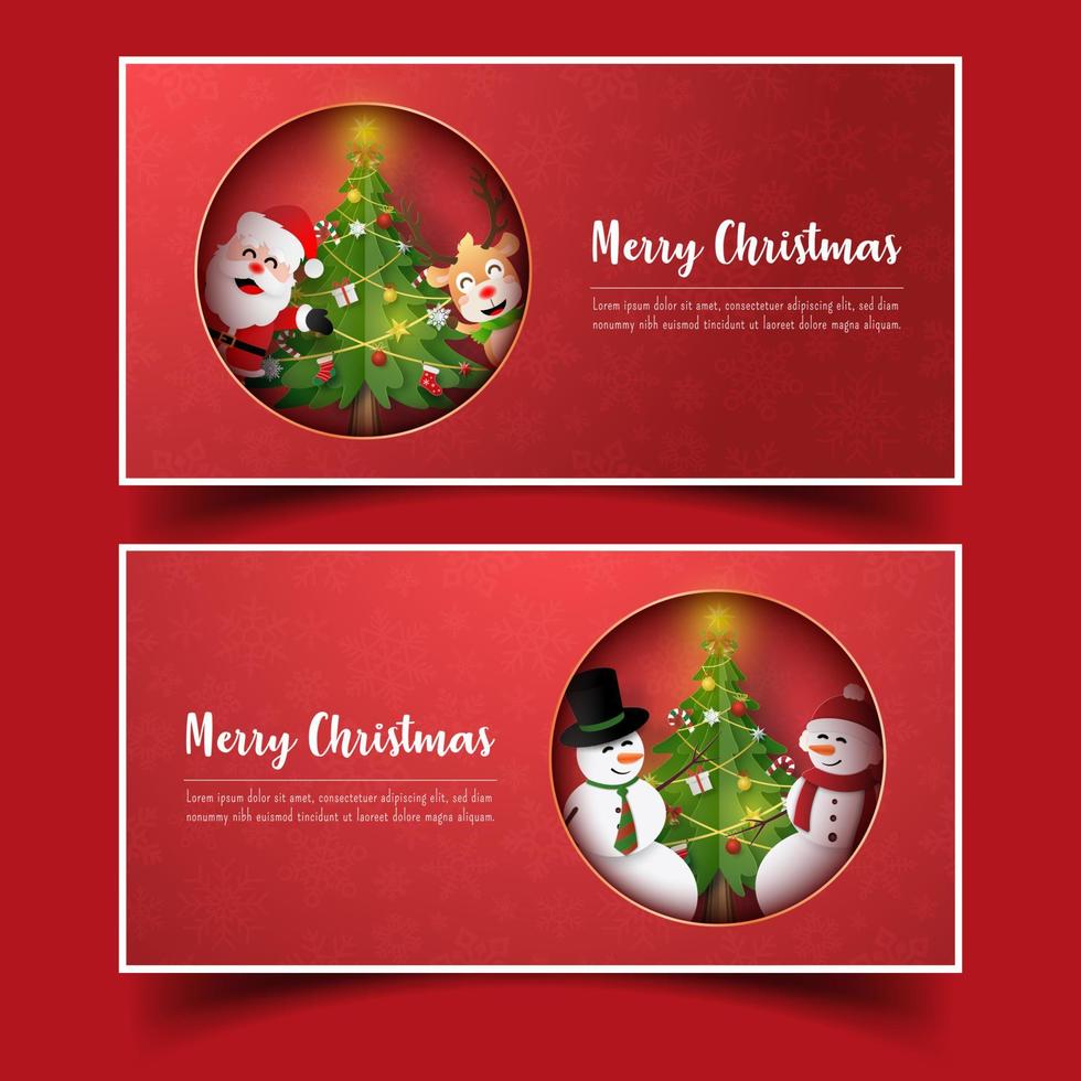 Origami Paper art of Postcard Santa Claus and friend at the window on a red snowflake background, Merry Christmas and Happy New Year vector