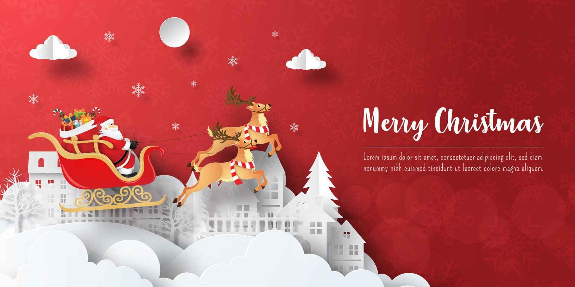 Merry Christmas and Happy New Year, Christmas banner postcard of Santa Claus on a sleigh in the village vector