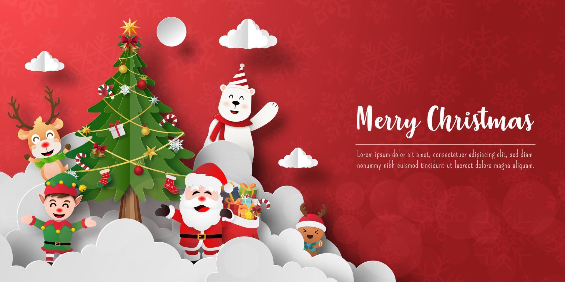 feliz navidad y próspero año nuevo, postal de banner navideño de santa claus y amigos con árbol de navidad vector