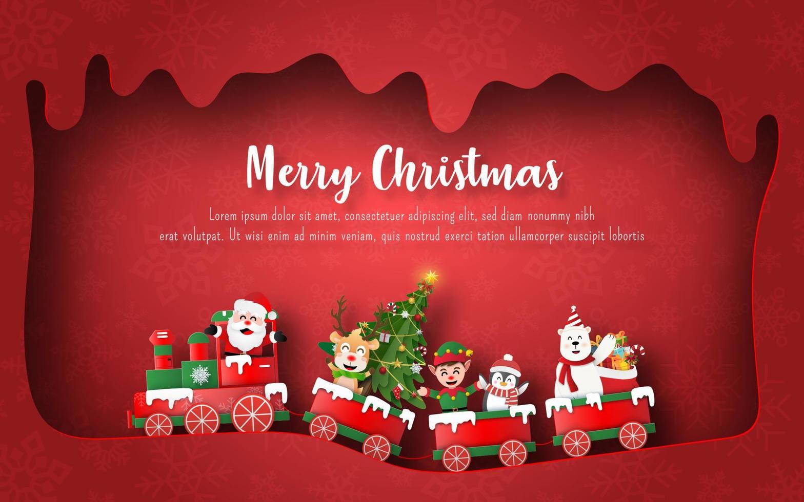 Arte de papel de origami de Papá Noel y amigos en el tren de Navidad, fondo de banner de postal vector