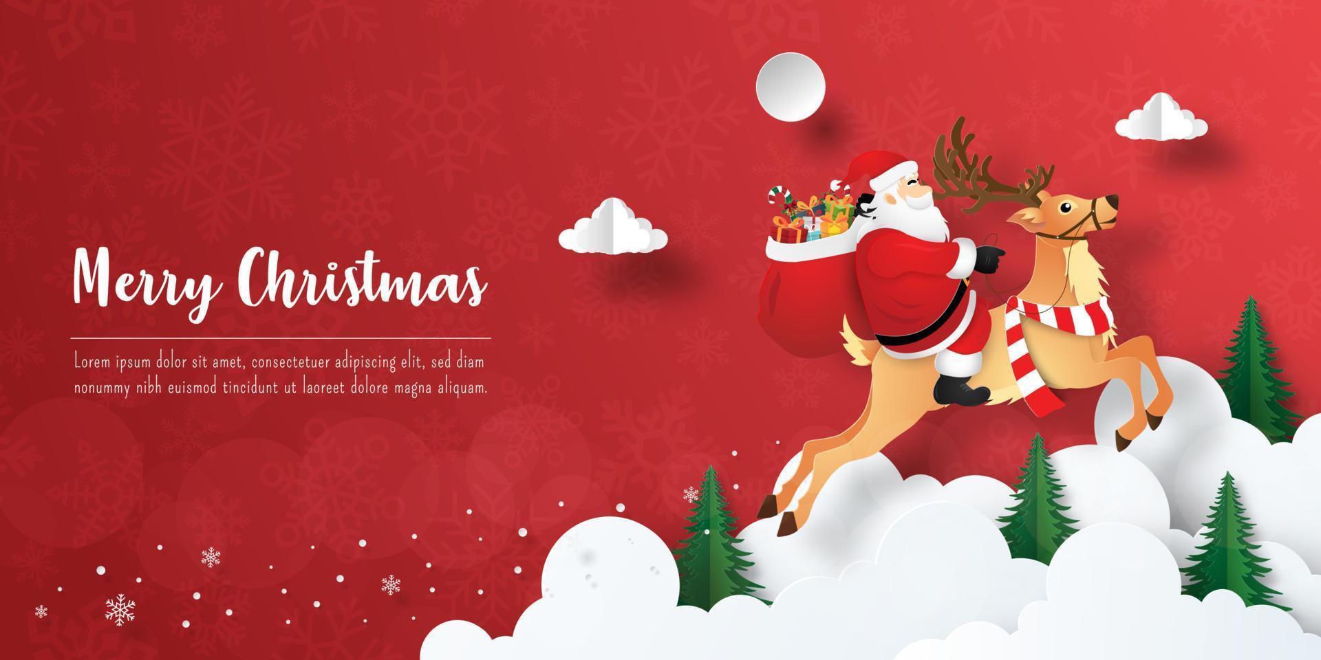 Merry Christmas and Happy New Year, Christmas banner postcard of Santa Claus and reindeer on the sky vector