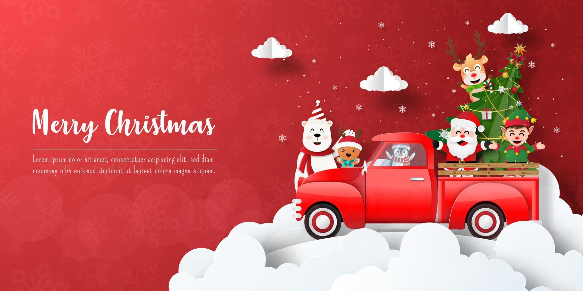 feliz navidad y próspero año nuevo, postal de banner navideño de santa claus y amigos con coche rojo vector