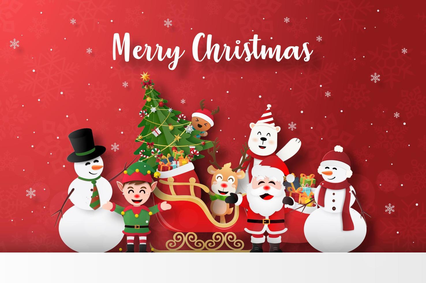 feliz navidad y próspero año nuevo, postal de banner navideño de santa claus y amigos con trineo lleno de regalos vector