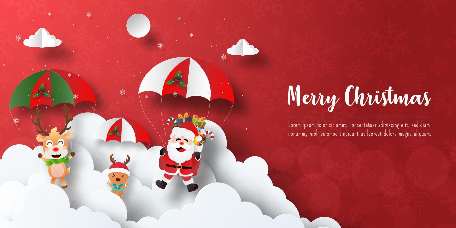 feliz navidad y próspero año nuevo, postal de banner navideño de santa claus y amigos hacen un salto en paracaídas vector