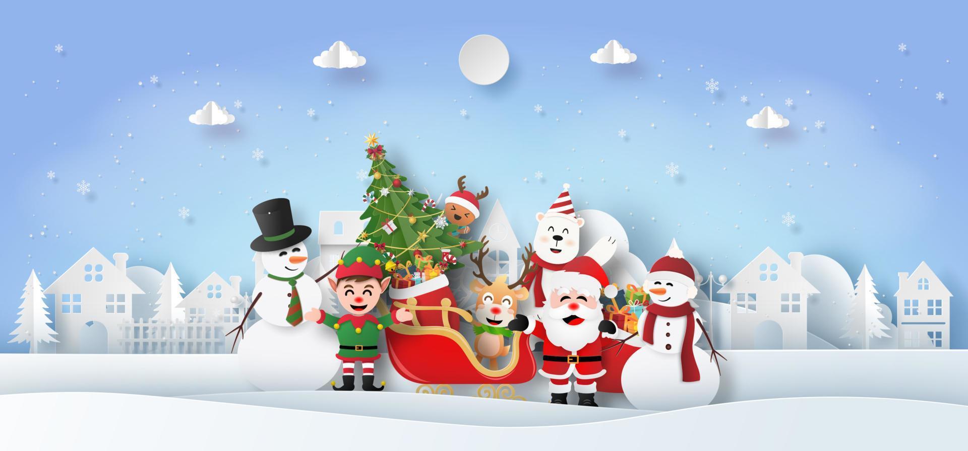 Christmas banner background, Origami Paper art of Santa Claus and friends in the village, Merry Christmas and Happy New Year vector