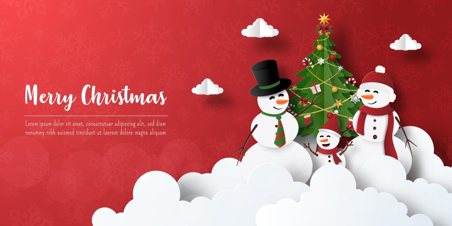 feliz navidad y próspero año nuevo, postal de banner navideño de muñeco de nieve con árbol de navidad vector