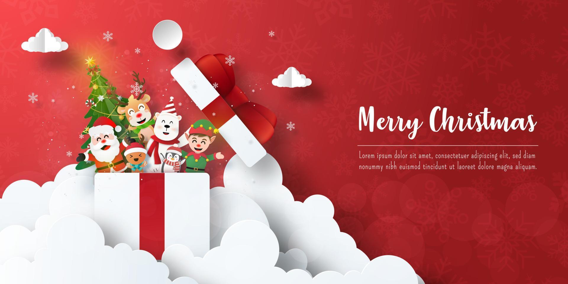 feliz navidad y próspero año nuevo, postal de banner navideño de santa claus y amigos en caja de regalo vector