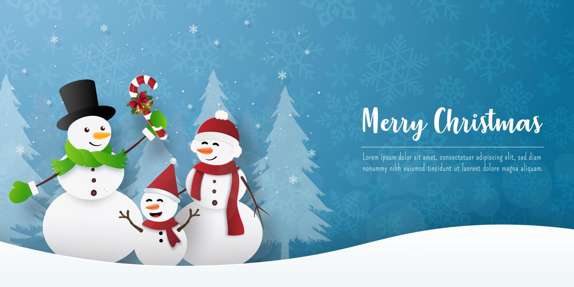 feliz navidad y próspero año nuevo, fiesta de navidad con muñeco de nieve, fondo de banner vector