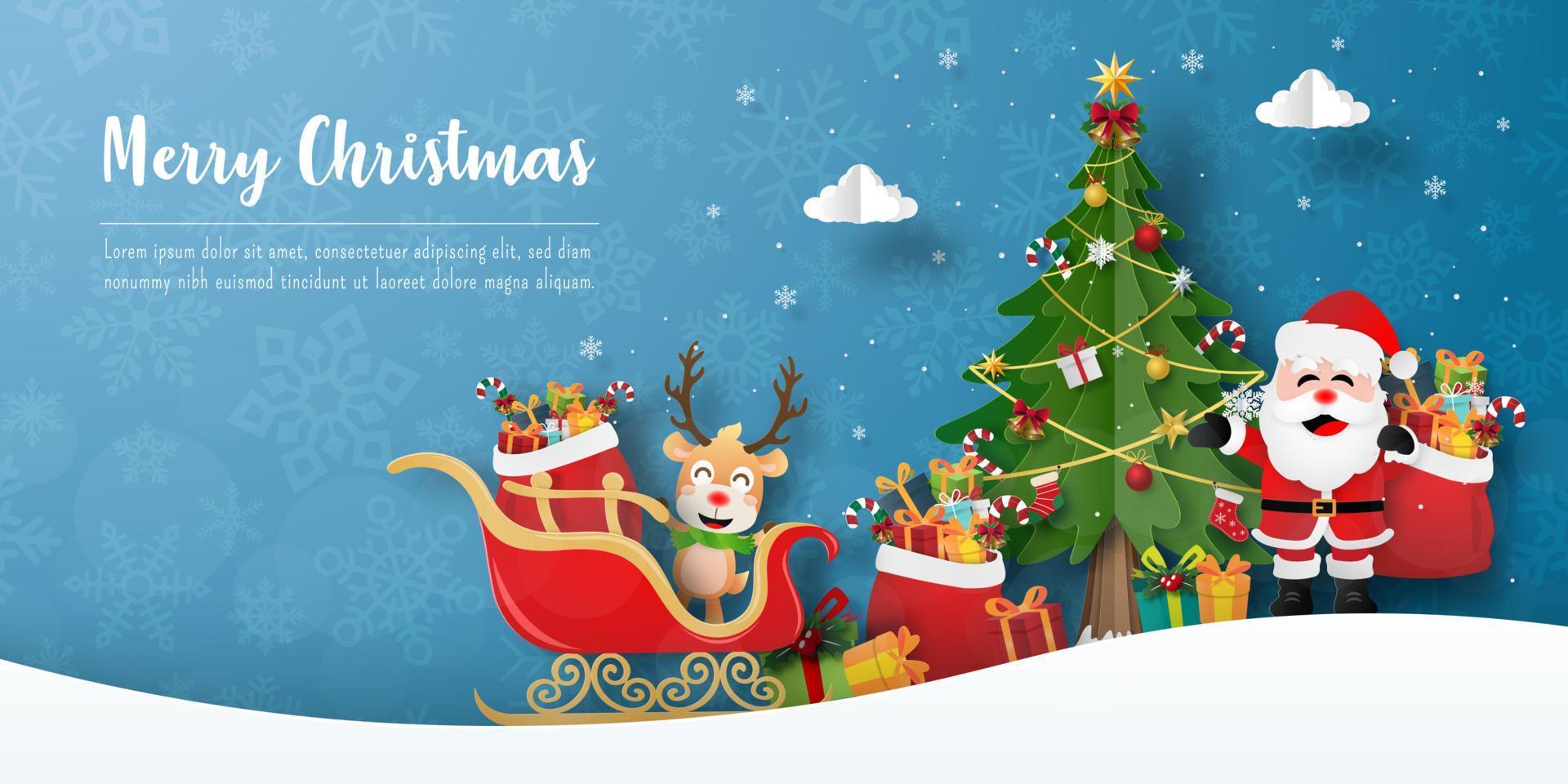 feliz navidad y próspero año nuevo, fiesta de navidad con santa claus y renos, fondo de banner vector