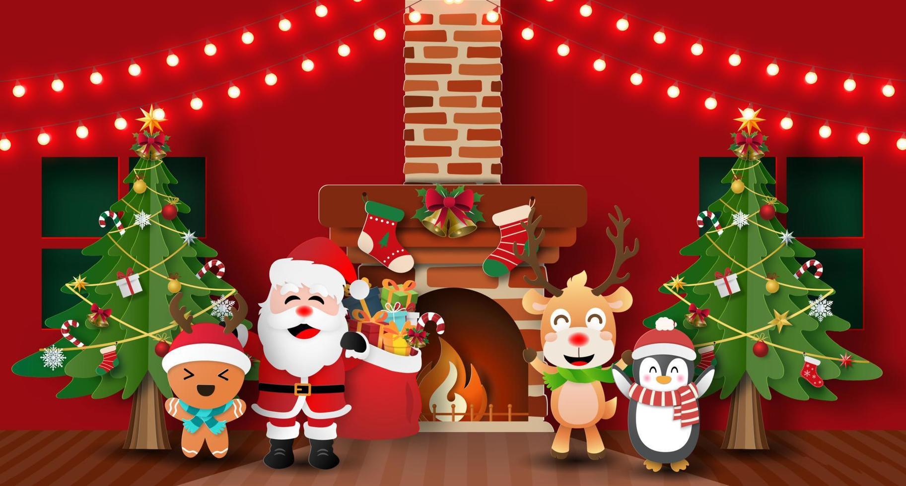Paper art, Craft style of Christmas party with Santa Claus and friends in home, Merry Christmas and Happy New Year vector