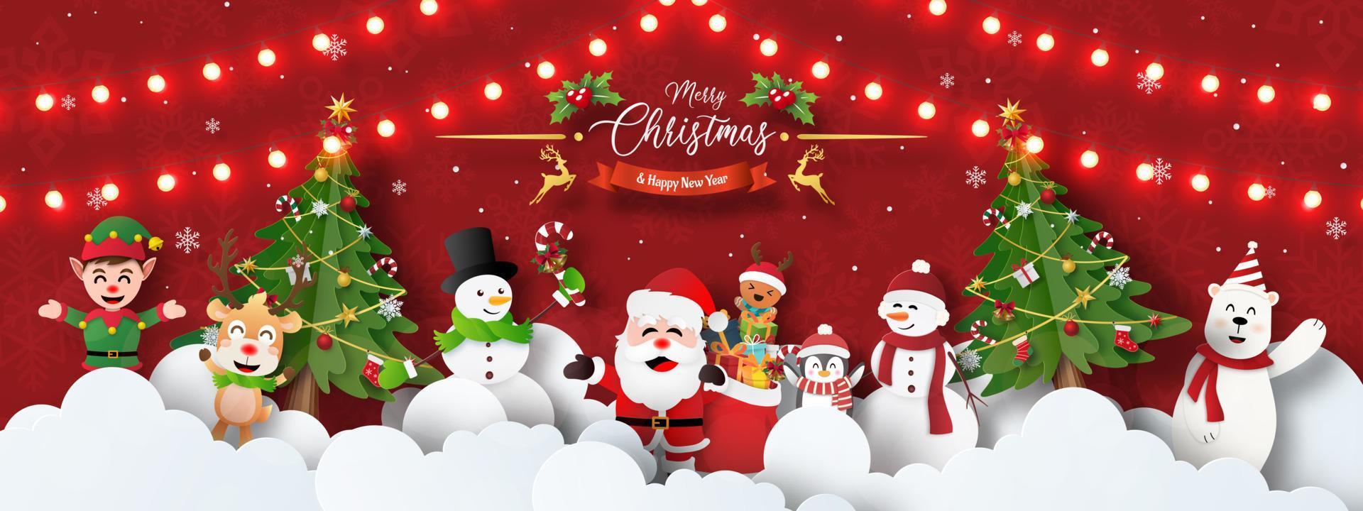 feliz navidad y próspero año nuevo, postal de banner navideño de la fiesta de navidad con santa claus y amigos en el cielo vector