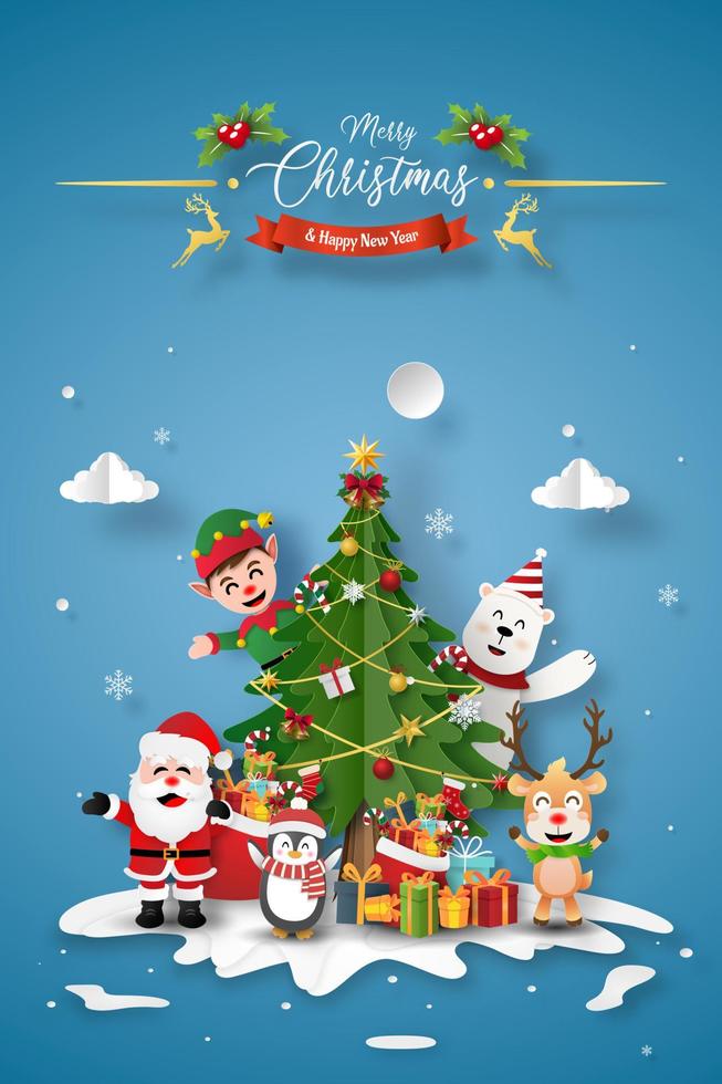 arte en papel de la fiesta de navidad con santa claus y amigos con árbol de navidad, feliz navidad y próspero año nuevo vector