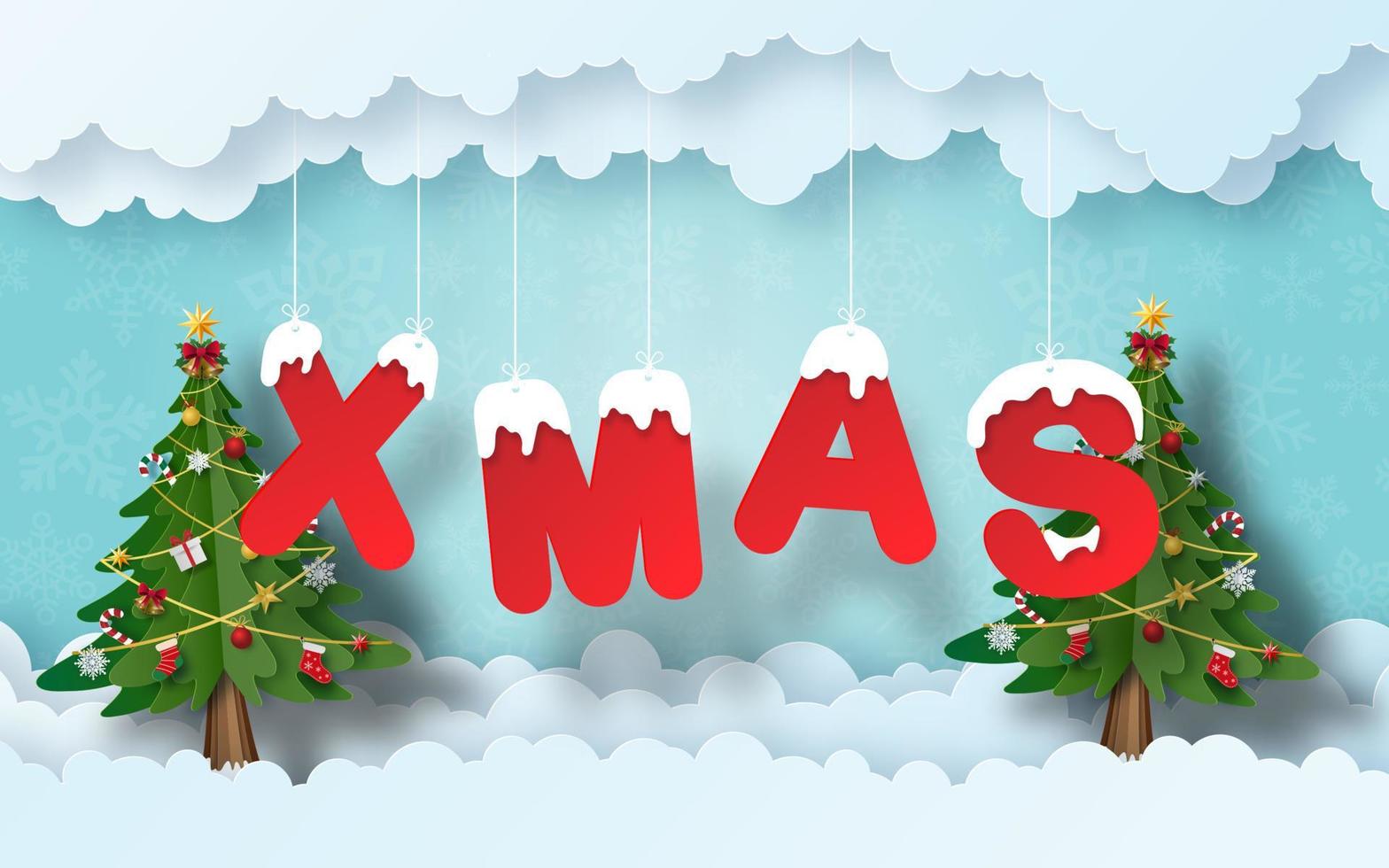 Christmas banner background, Origami Paper art of Christmas tree with XMAS word, Merry Christmas and Happy New Year vector