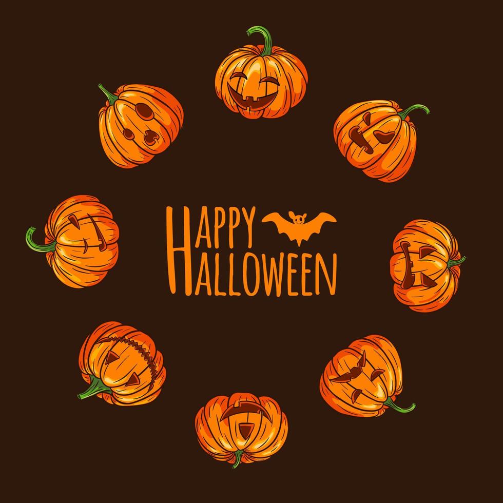 Happy Halloween Scary Pumpkins with Faces Round Frame vector
