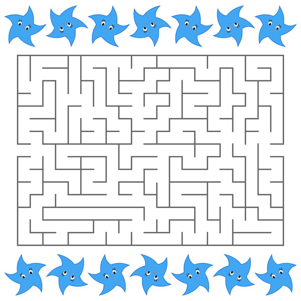 Abstract rectangular maze with a cute color cartoon character. Blue stars. An interesting and useful game for children. Simple flat vector illustration isolated on white background.