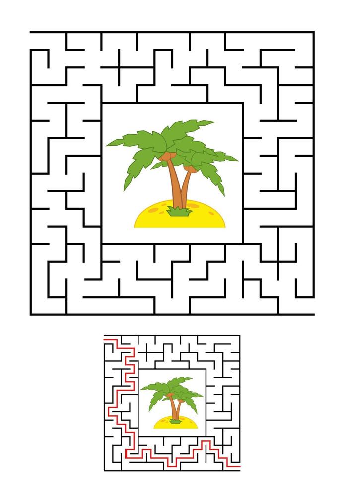 Abstract square maze. Game for kids. Puzzle for children. One entrances, one exit. Labyrinth conundrum. Vector illustration on white background with cartoon picture. With answer.