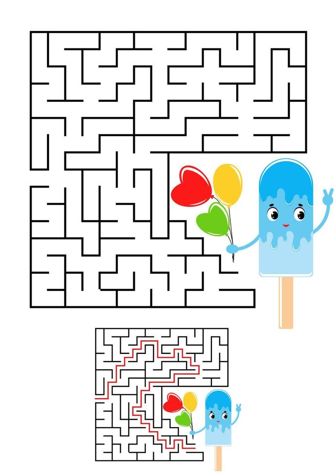 Abstract square maze. Kids worksheets. Game puzzle for children. Cute ice cream on a white background. One entrances, one exit. Labyrinth conundrum. Vector illustration. With the answer.