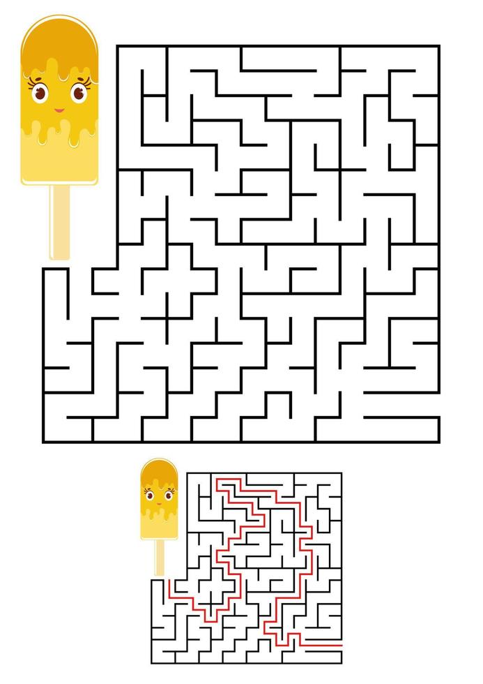 Abstract square maze. Kids worksheets. Game puzzle for children. Cute ice cream on a white background. One entrances, one exit. Labyrinth conundrum. Vector illustration. With the answer.