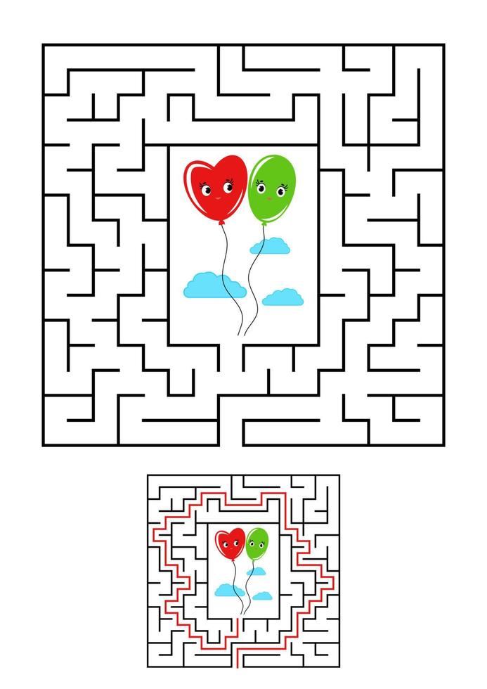 Abstract square maze. Game for kids. Puzzle for children. One entrances, one exit. Labyrinth conundrum. Vector illustration on white background with cartoon picture. With answer.