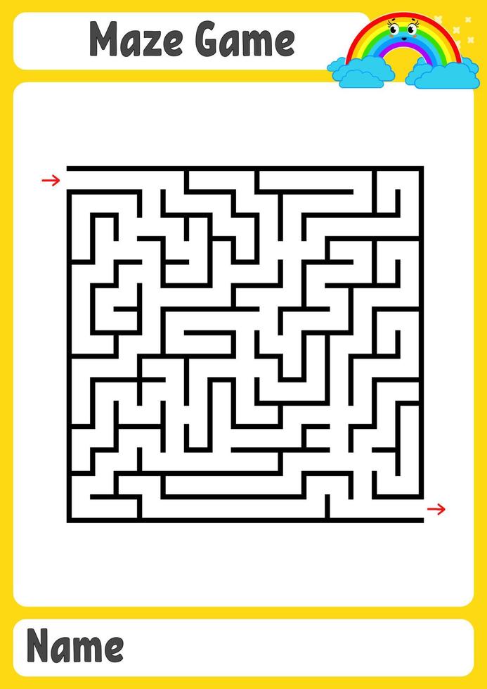 Abstract square maze. Kids worksheets. Game puzzle for children. Funny rainbow on a colored background. One entrances, one exit. Labyrinth conundrum. Vector illustration. With place for name.