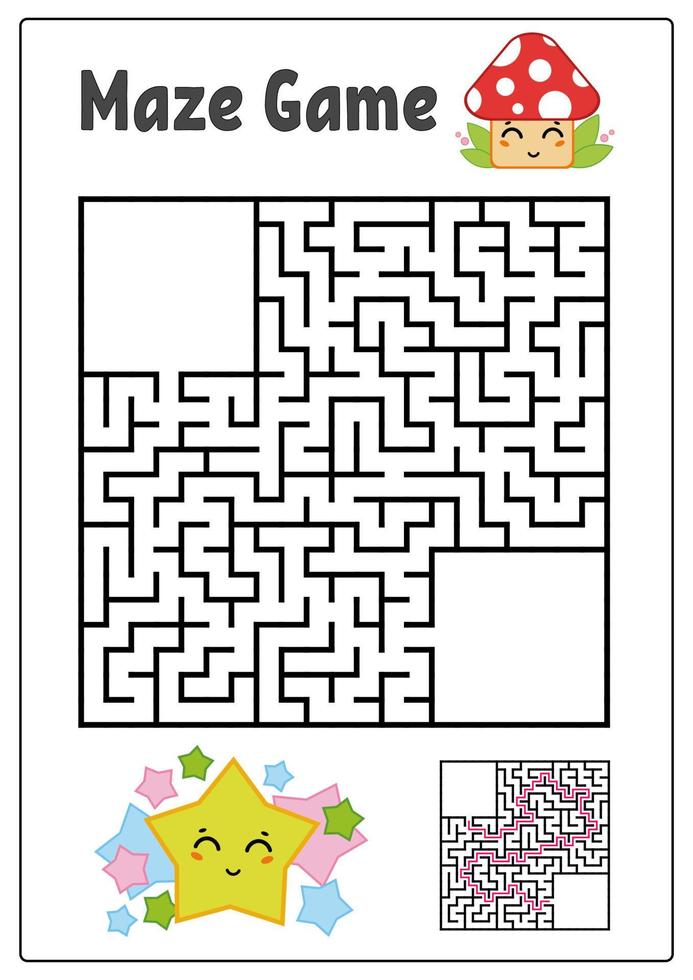 Abstract square maze. Kids worksheets. Game puzzle for children. Funny star and mushroom on a white background. One entrances, one exit. Labyrinth conundrum. Vector illustration. With the answer.