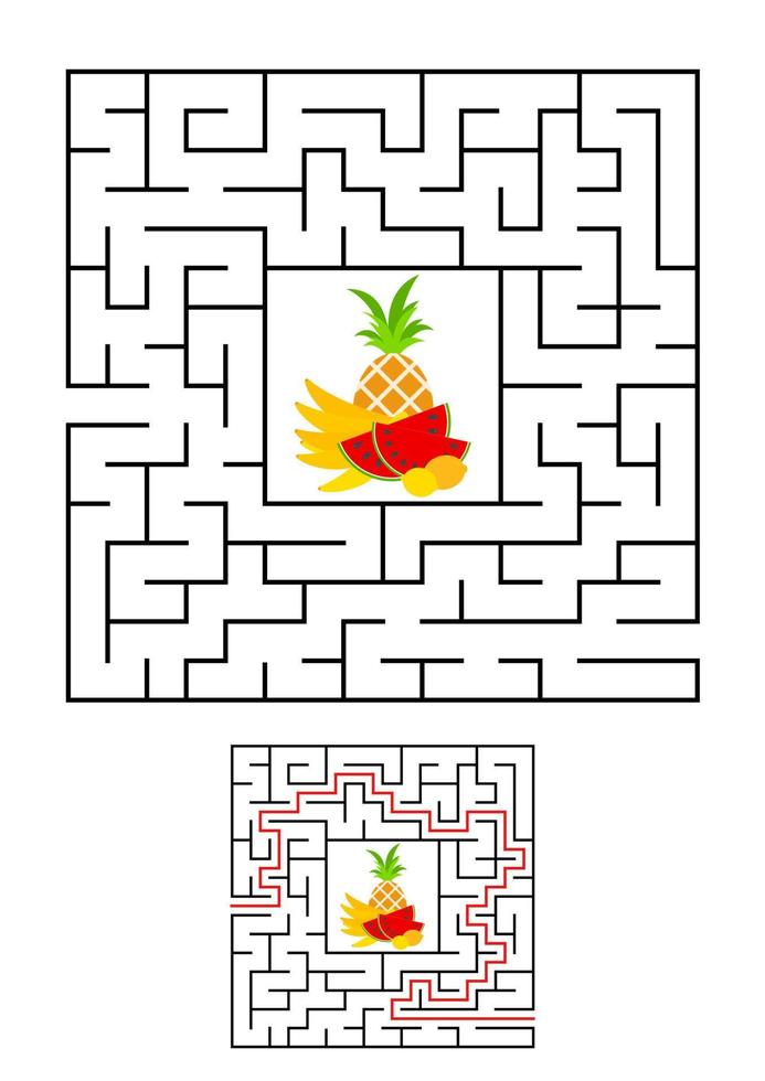 Abstract square maze. Game for kids. Puzzle for children. One entrances, one exit. Labyrinth conundrum. Vector illustration on white background with cartoon picture. With answer.