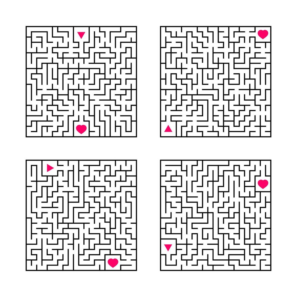 A set of square mazes. Game for kids. Puzzle for children. One entrances, one exit. Labyrinth conundrum. Flat vector illustration isolated on white background.