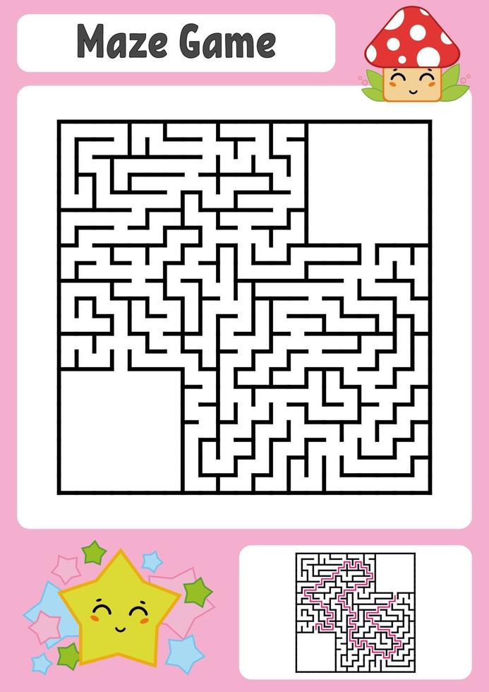 Abstract square maze. Kids worksheets. Game puzzle for children. Cute star and mushroom. One entrances, one exit. Labyrinth conundrum. Vector illustration. With answer. With place for your image.