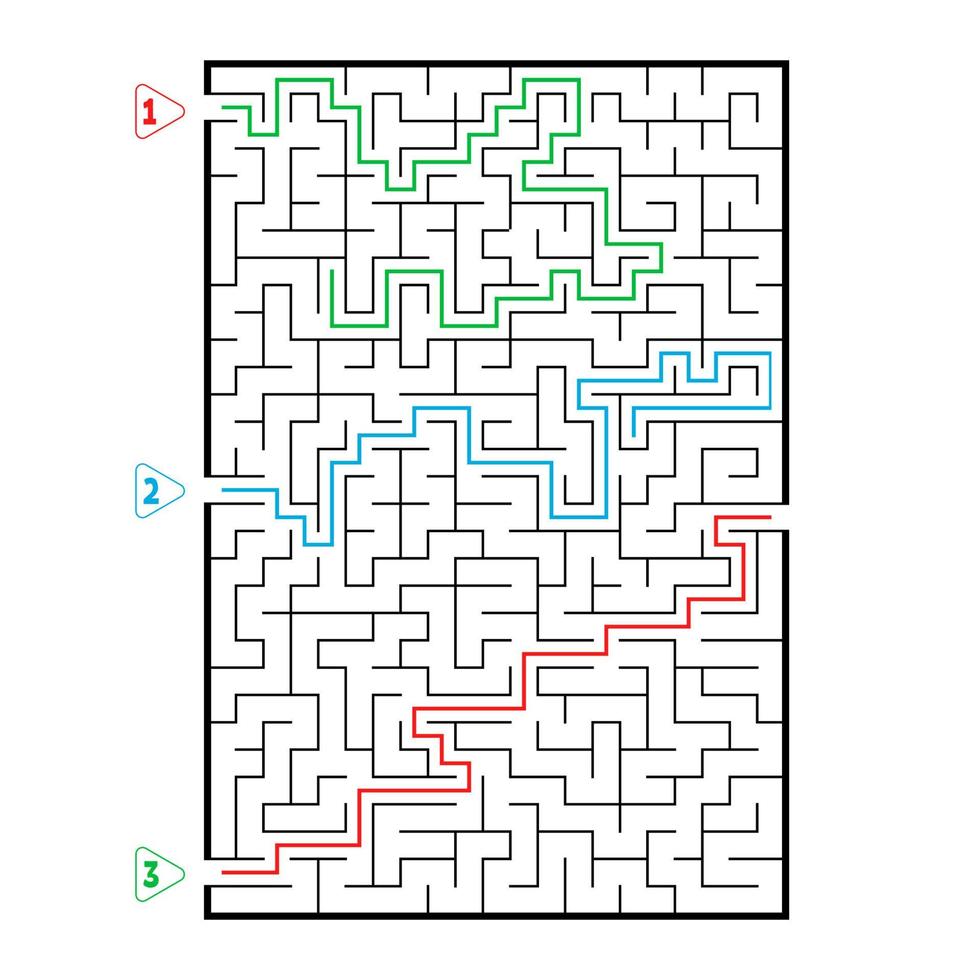 Abstract rectangular large maze. Game for kids. Puzzle for children. Three entrances, one exit. Labyrinth conundrum. Flat vector illustration isolated on white background. With answer.