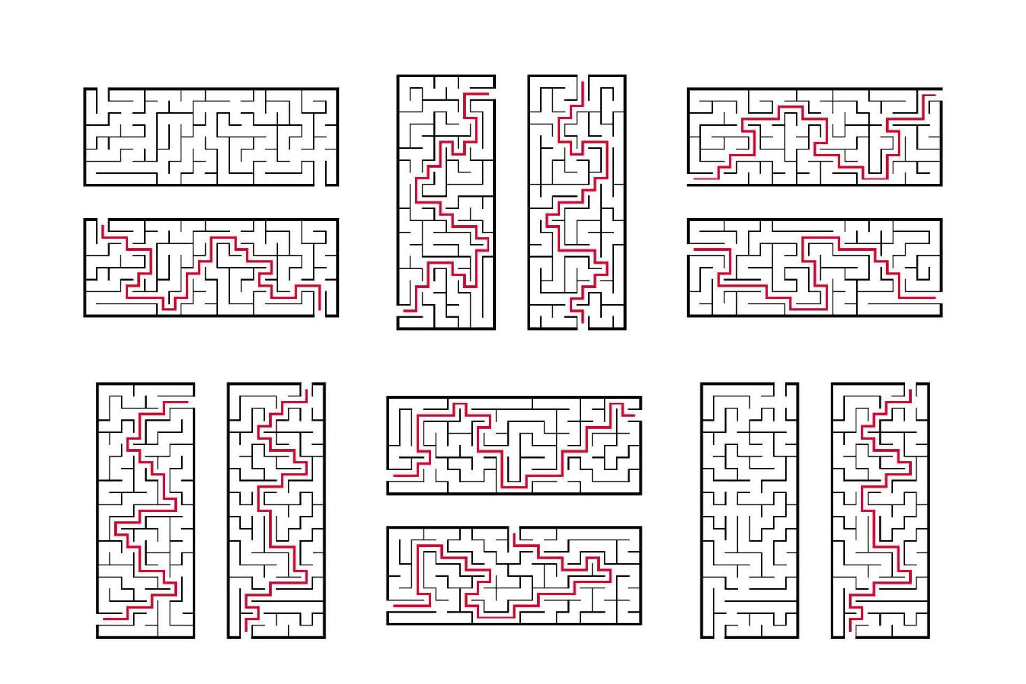 A set of rectangular mazes. Game for kids. Puzzle for children. One entrances, one exit. Labyrinth conundrum. Flat vector illustration isolated on white background. With answer.