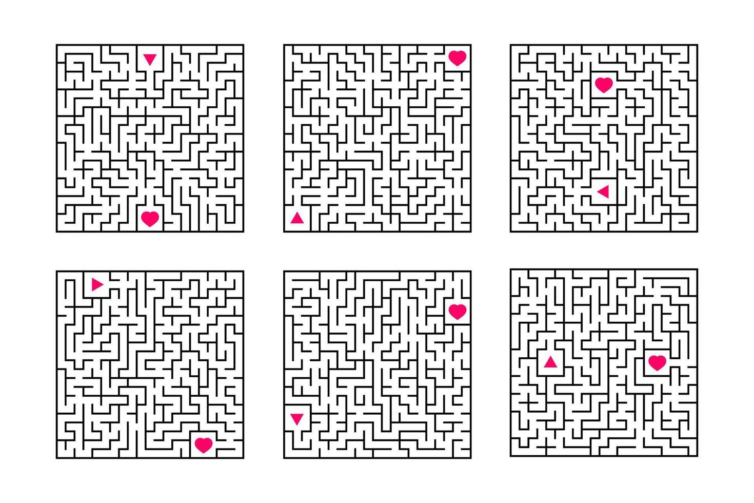 A set of square mazes. Game for kids. Puzzle for children. One entrances, one exit. Labyrinth conundrum. Flat vector illustration isolated on white background.