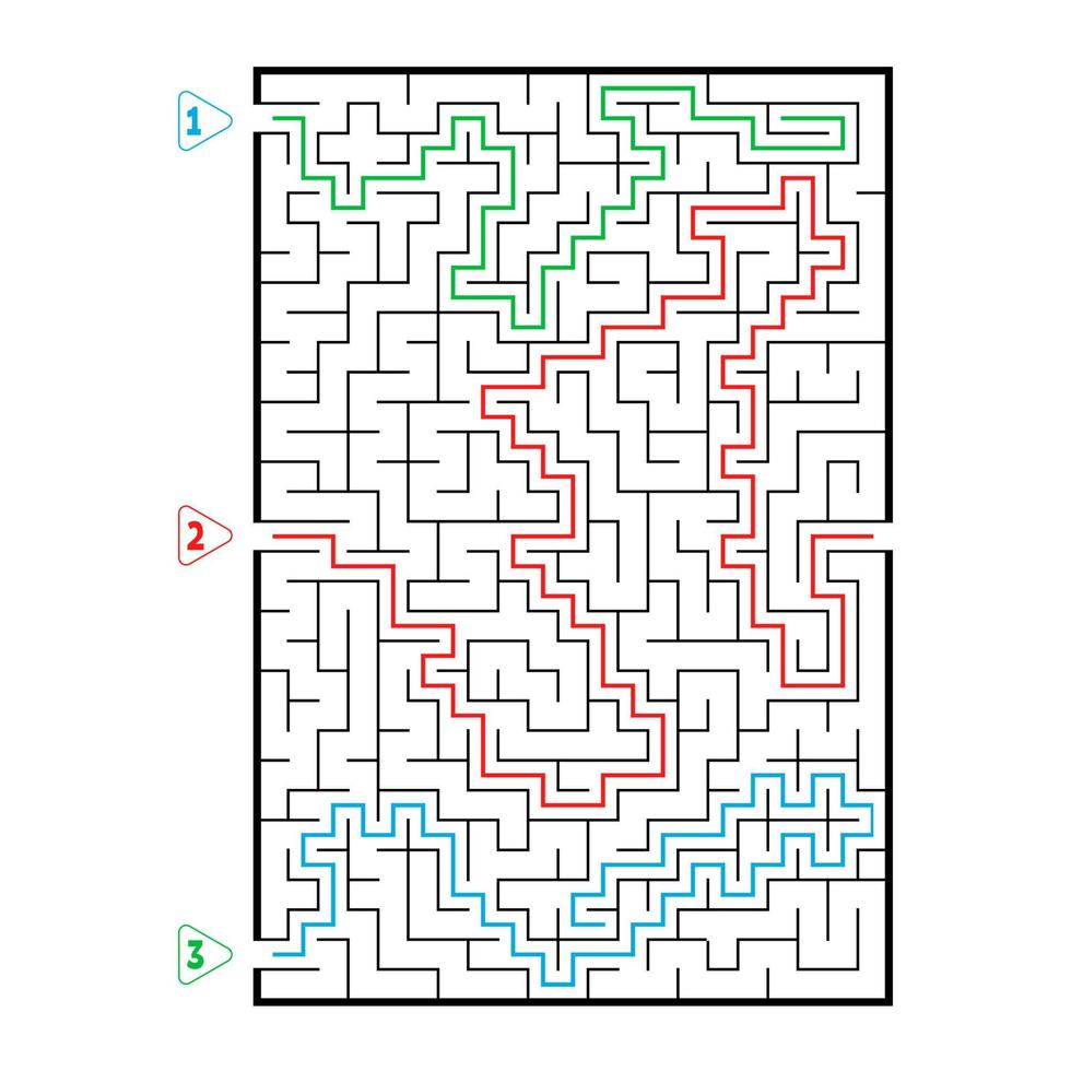 Abstract rectangular large maze. Game for kids. Puzzle for children. Three entrances, one exit. Labyrinth conundrum. Flat vector illustration isolated on white background. With answer.