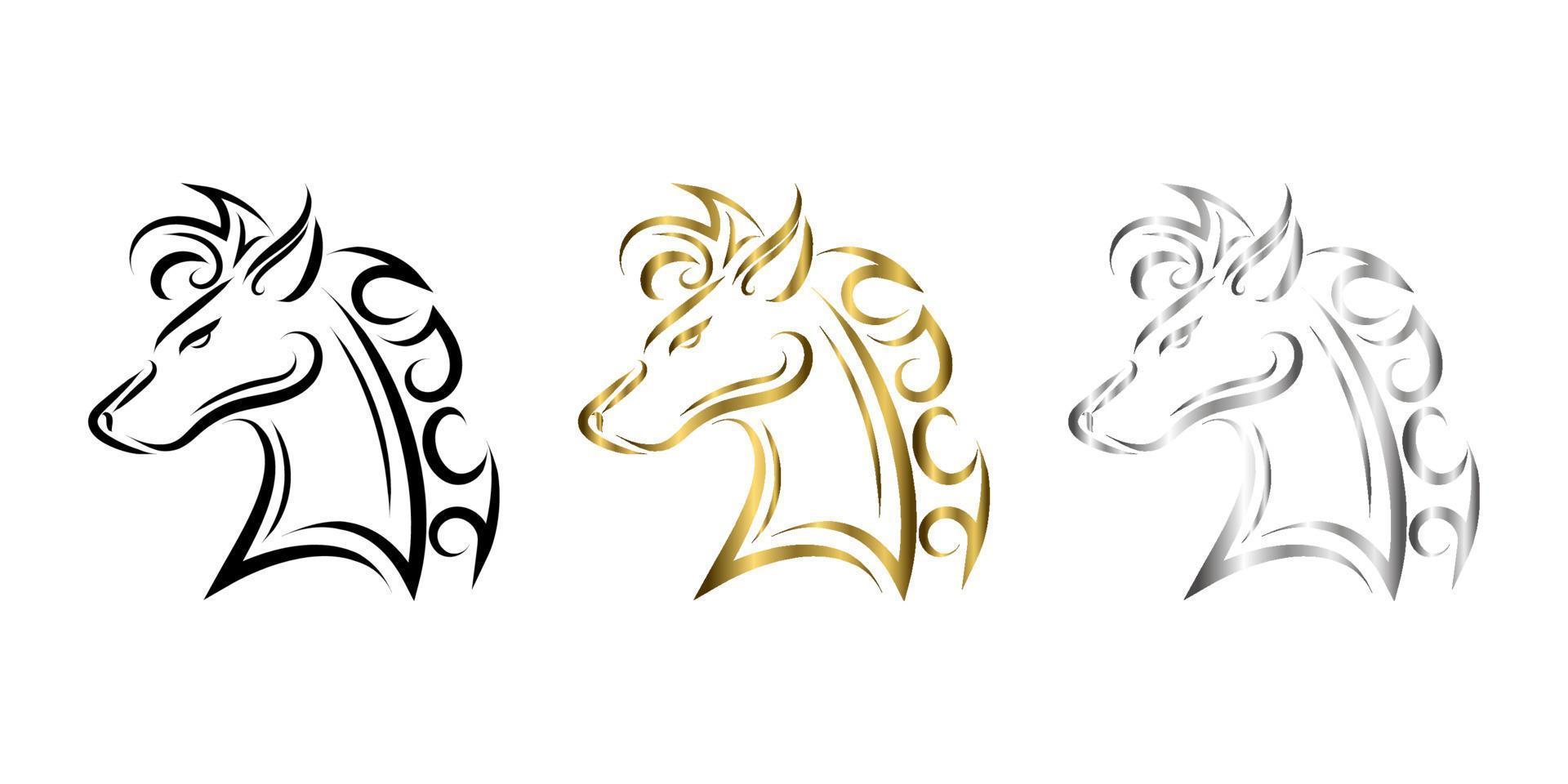 arte lineal de tres colores en oro negro y plata de cabeza de caballo. Buen uso de símbolo, mascota, icono, avatar, tatuaje, diseño de camiseta, logotipo o cualquier diseño que desee. vector